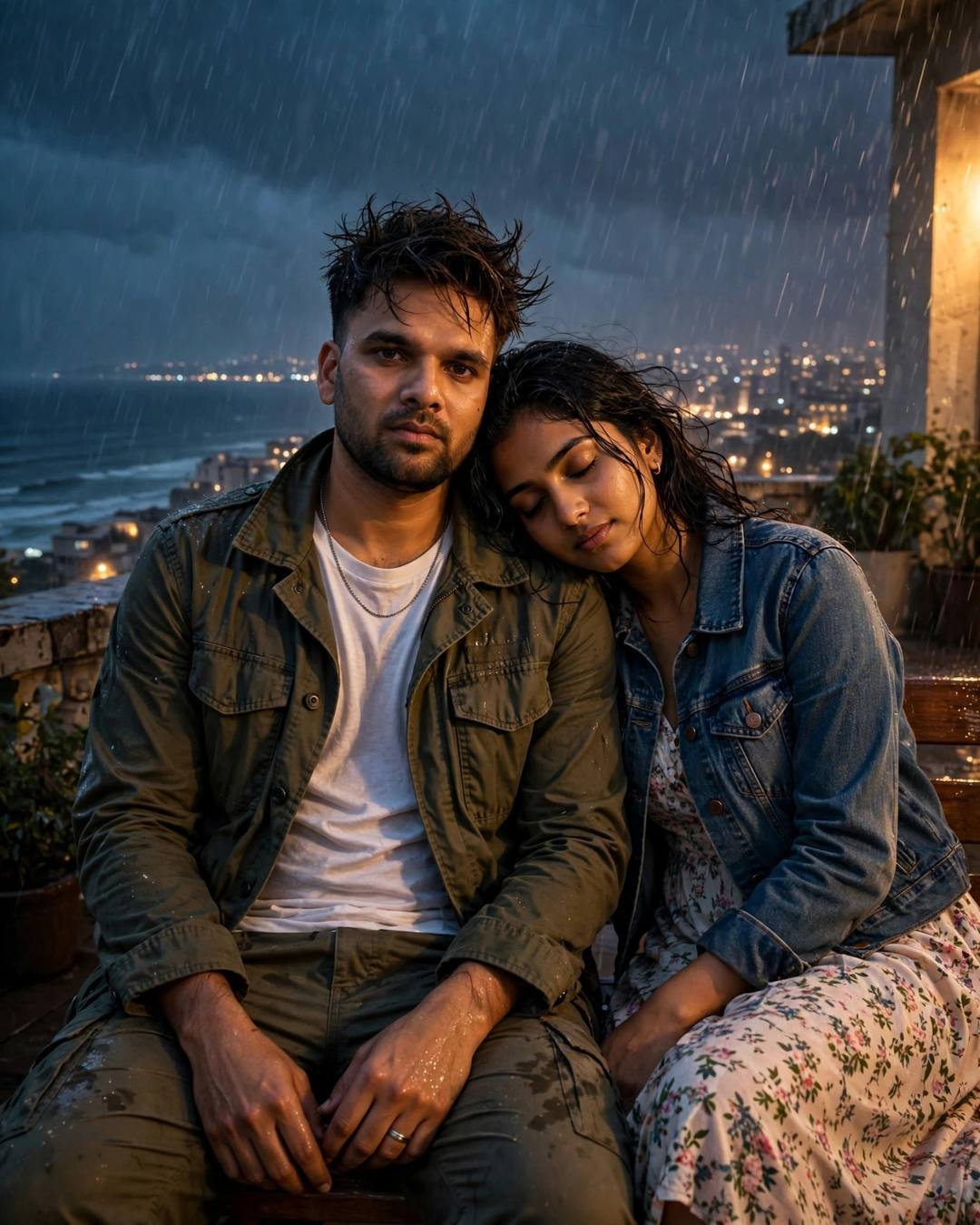 Young Indian couple on a rainy rooftop bench — woman in denim jacket leaning on man's shoulder, olive field jacket, city lights below