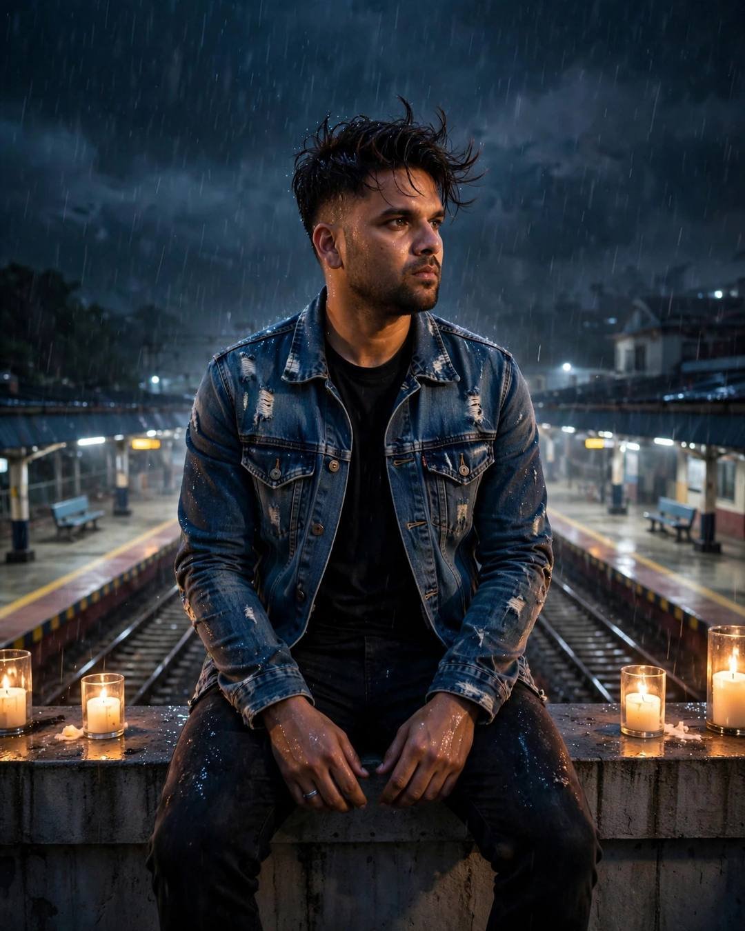Young Indian man in distressed denim jacket and black tee sitting on a rooftop ledge above a rainy empty railway platform, candles burning beside him