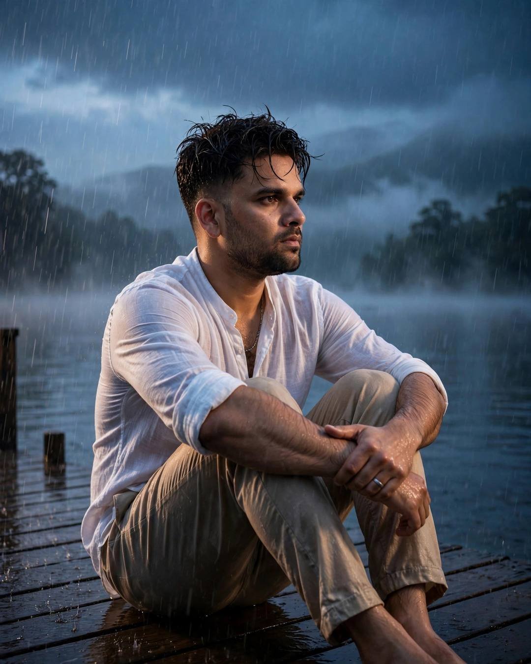 Young Indian man in white linen shirt sitting on a lake pier in heavy monsoon rain at blue hour, knees drawn up, dramatic side light