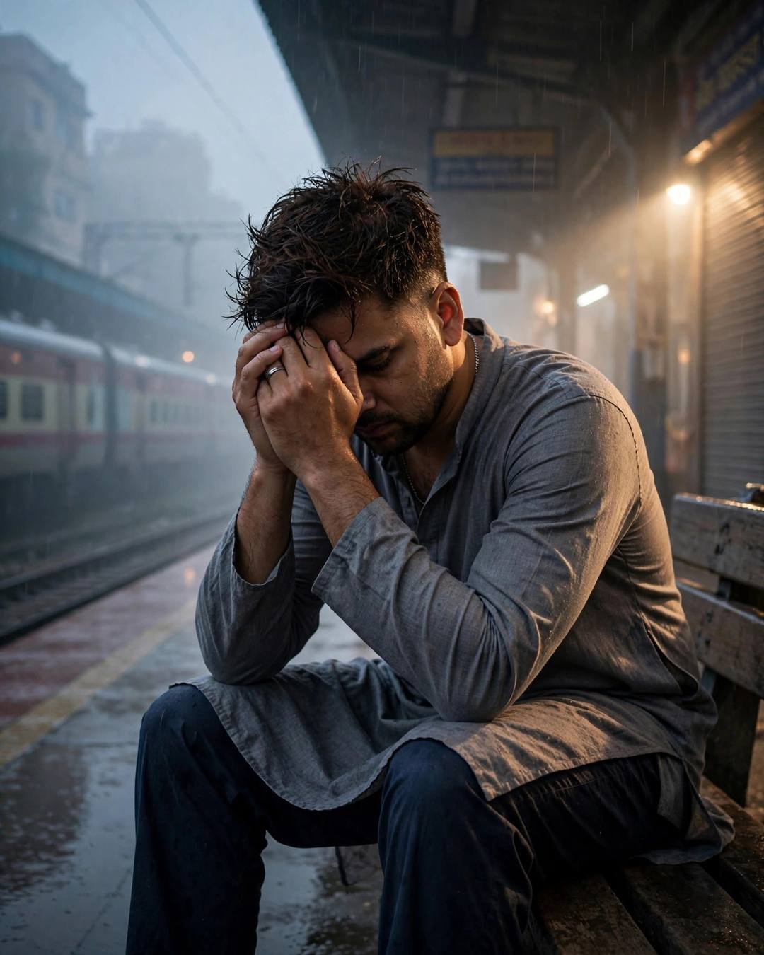 Young Indian man in grey kurta sitting with head bowed on a foggy railway station bench at dawn, train waiting in the mist