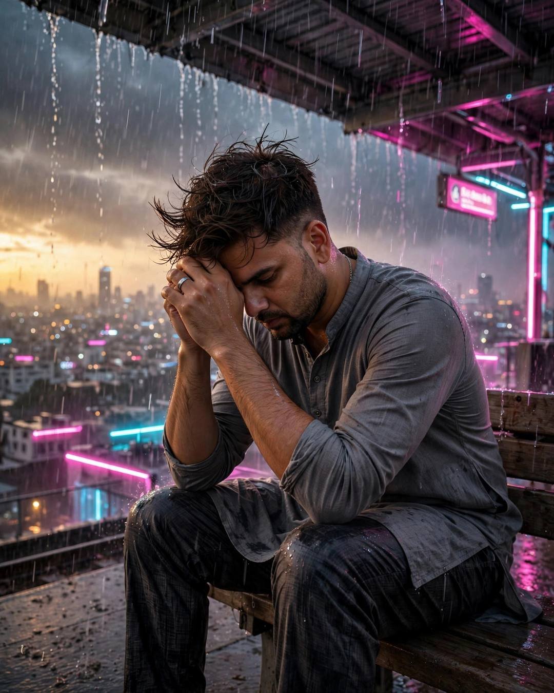 Young Indian man in grey kurta sitting with bowed head on a rain-lashed rooftop bench, neon pink and cyan city lights behind