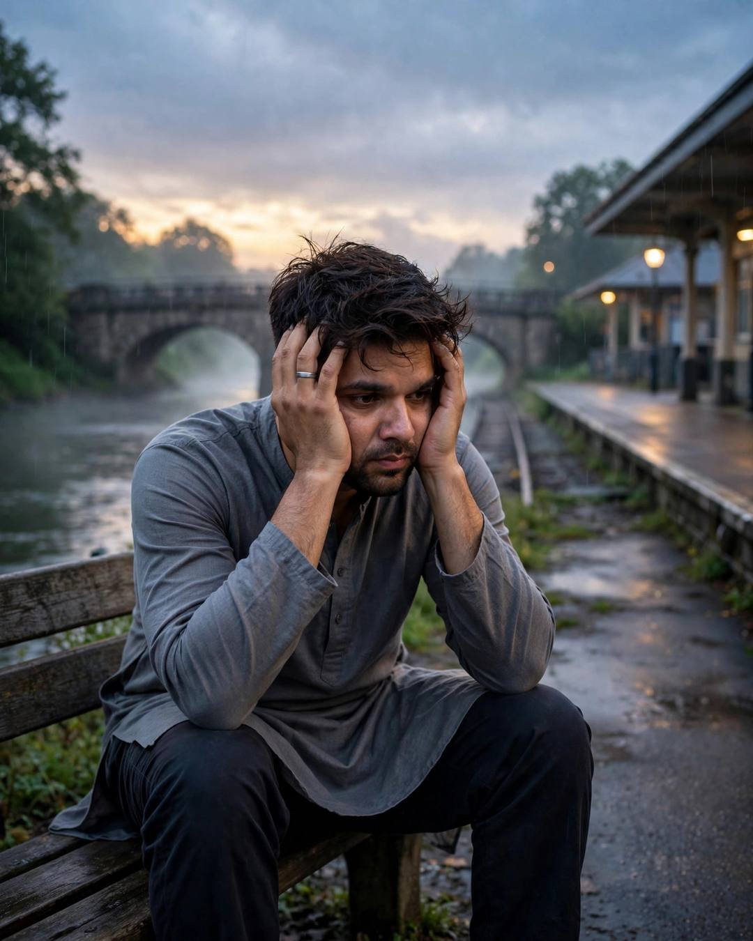 Young Indian man in grey kurta sitting on a riverside bench, hands on head, staring directly at camera with stone bridge behind