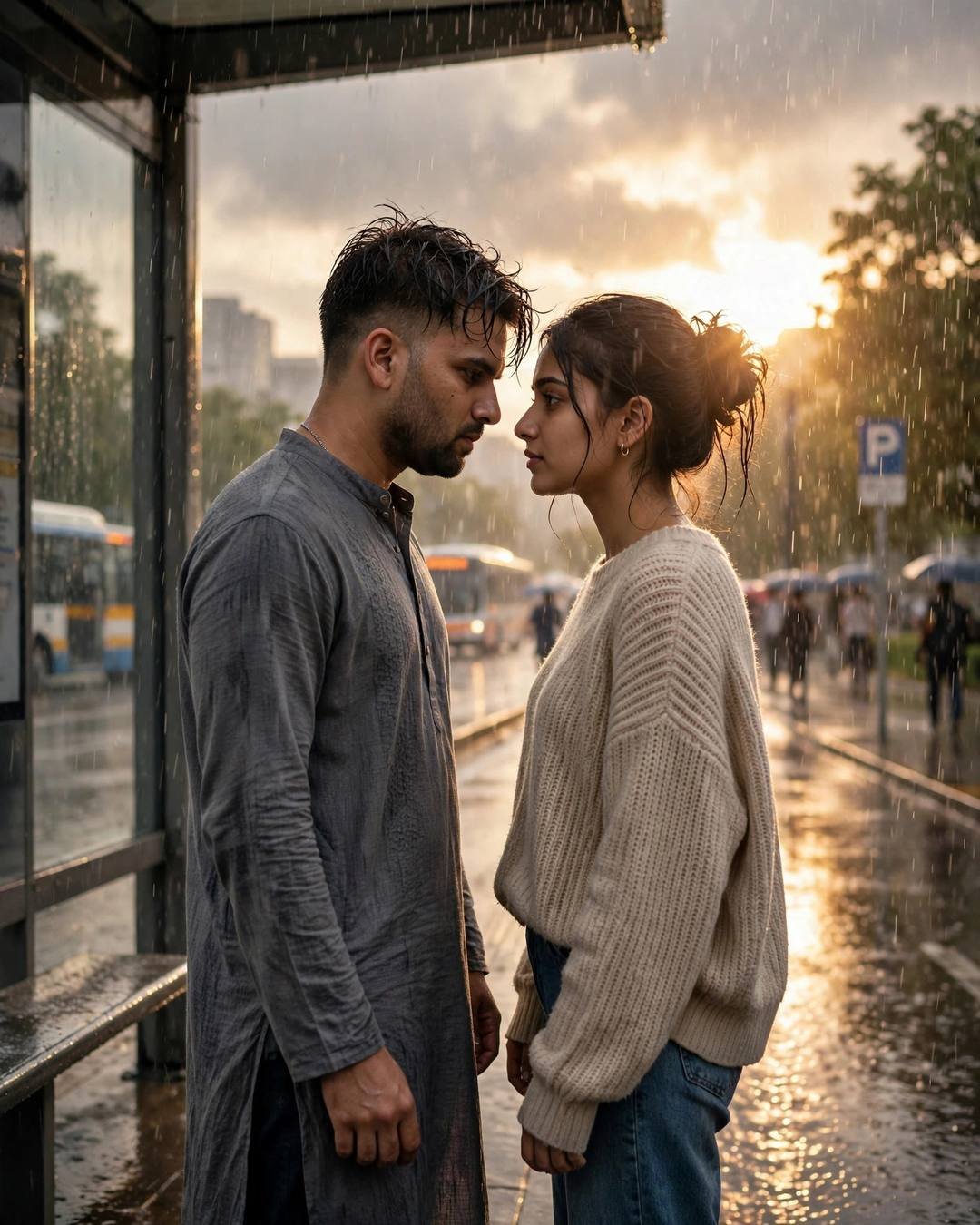 Couple standing forehead to forehead at a rain-soaked bus stop in golden backlight, city blurred behind them
