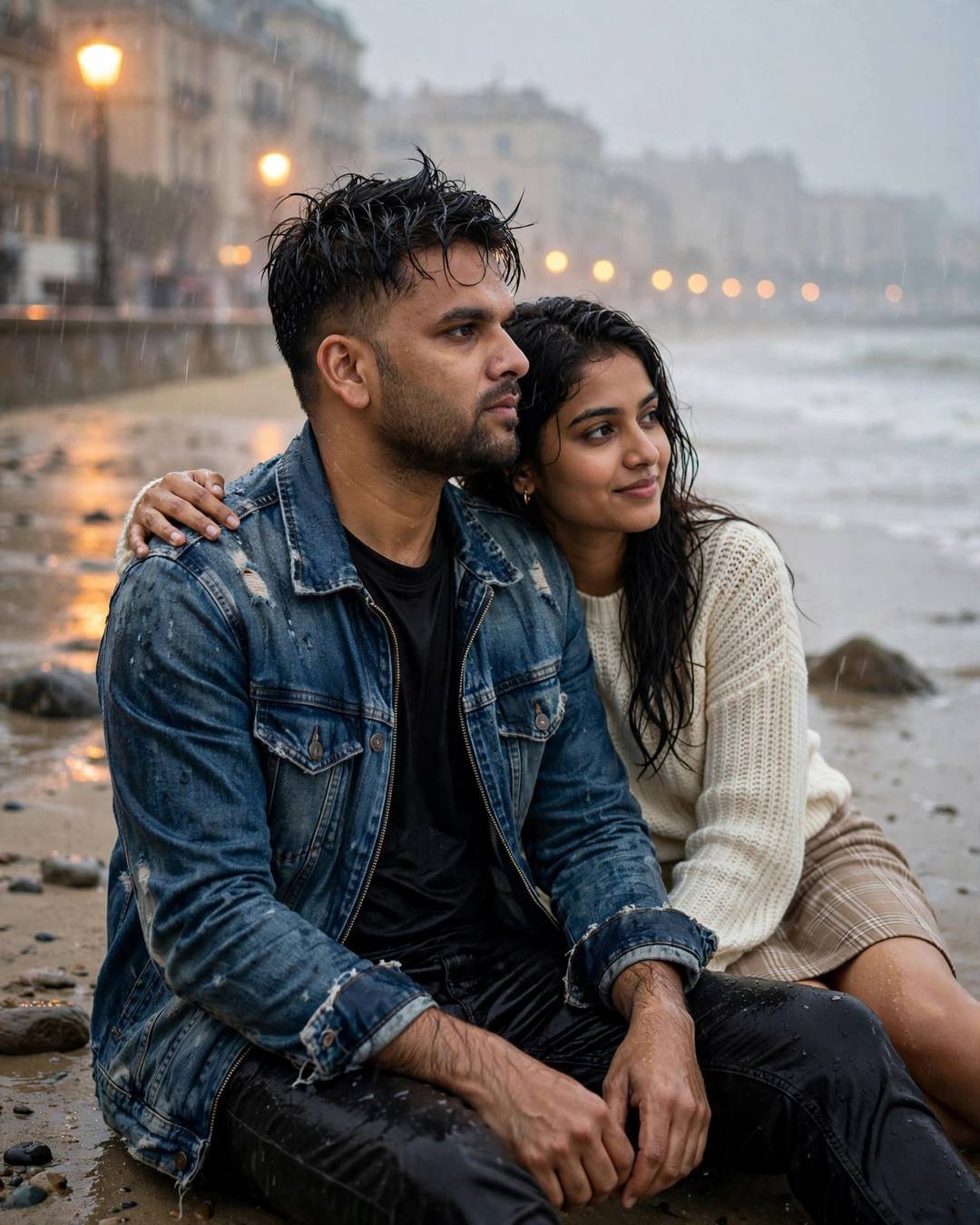 Couple sitting on rain-wet sand at dawn, his arm around her, streetlamps glowing behind them, watching the waves