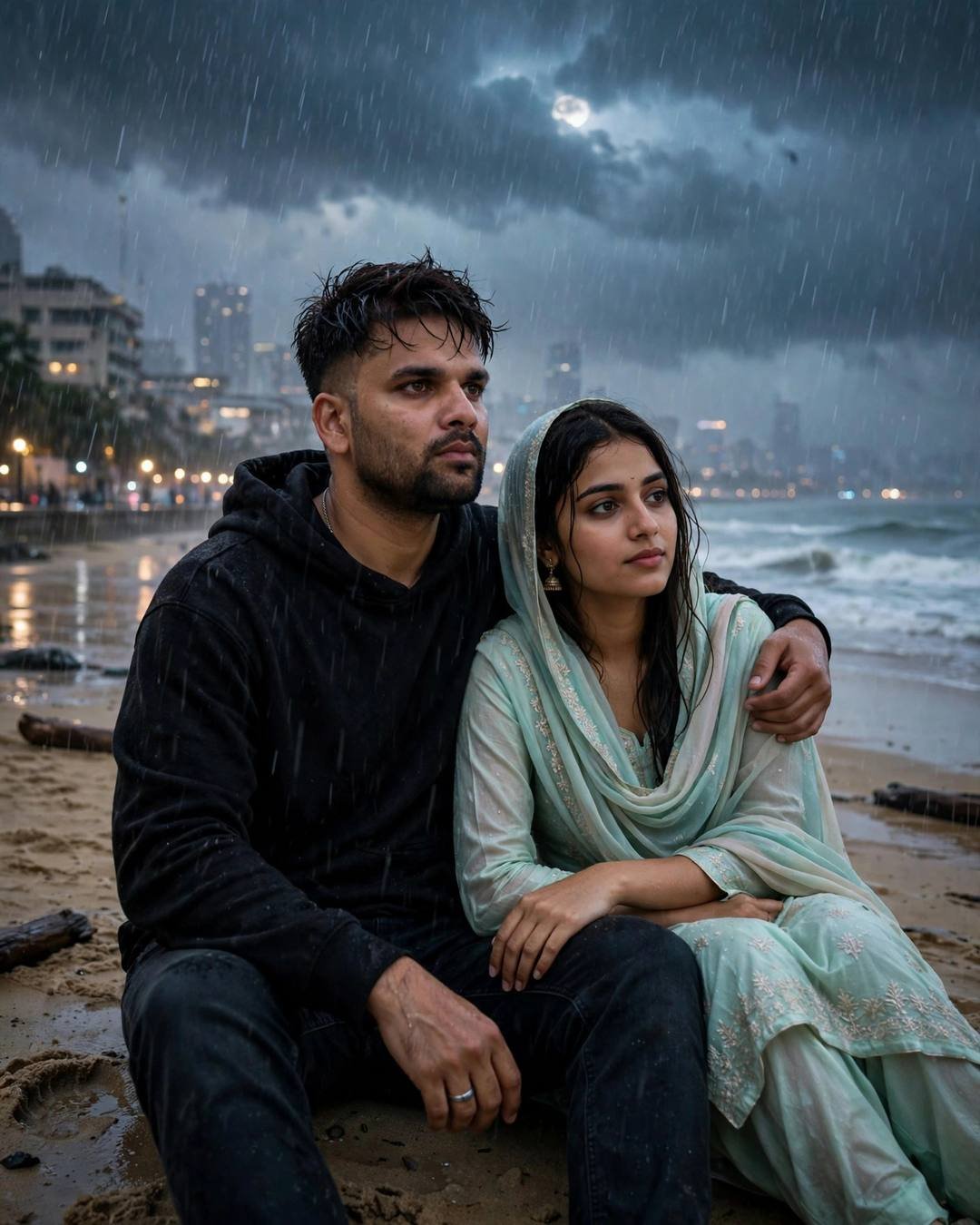 Couple sitting on a rain-soaked beach at night, his arm around her, moonlight breaking through storm clouds over the sea
