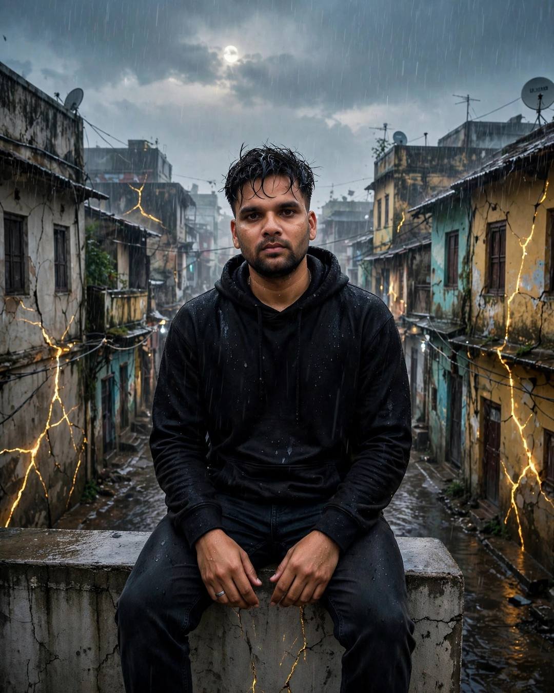 A young Indian man in black streetwear sitting on a rooftop ledge in heavy monsoon rain at dawn, golden cracks glowing on the old walls below