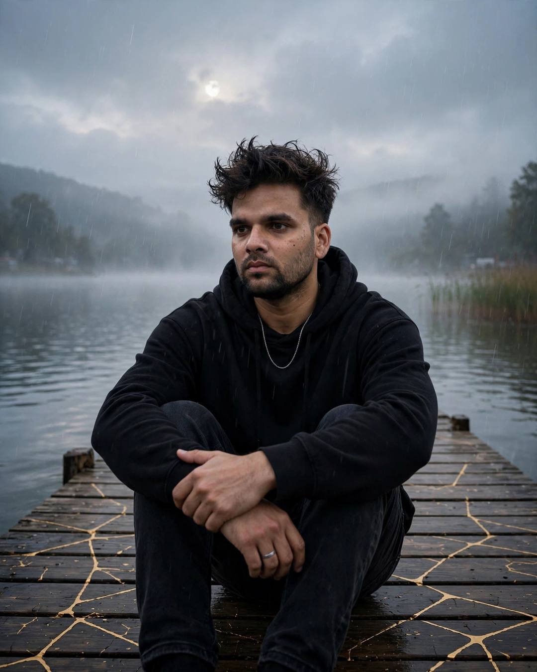 A young Indian man in a black hoodie sitting with knees drawn up on a lake pier at dawn in the drizzle, golden cracks glowing in the wood