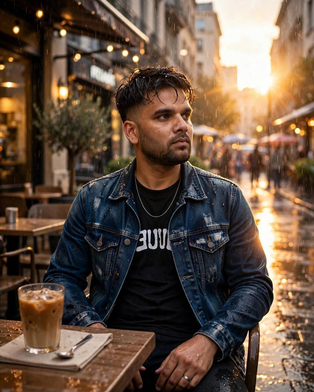 A young man in a distressed denim jacket sitting at a cafe table with a cold coffee on a rainy golden-hour street