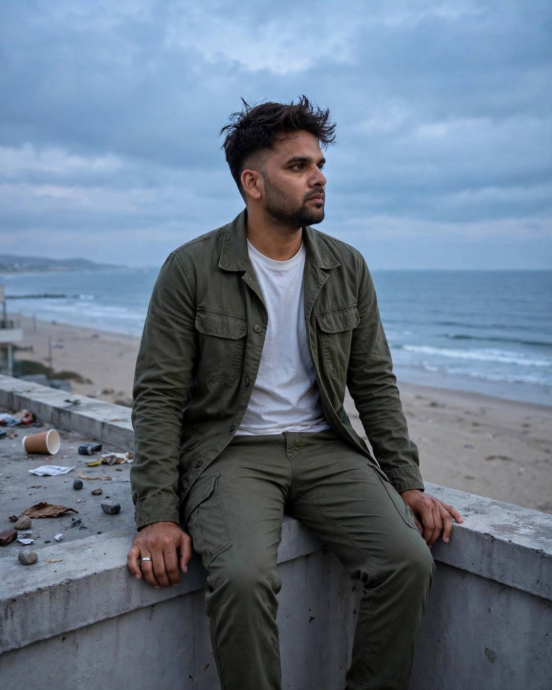 A young man in an olive field jacket sitting on a rooftop ledge above a deserted beach at blue-hour dusk
