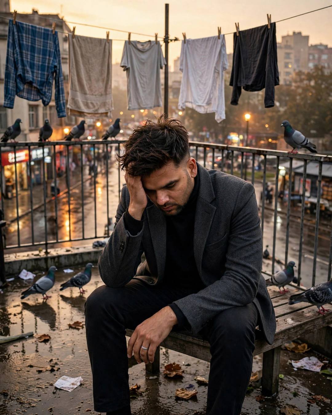A young man in a charcoal blazer sitting with his head in his hands on a bench surrounded by pigeons and clothes lines