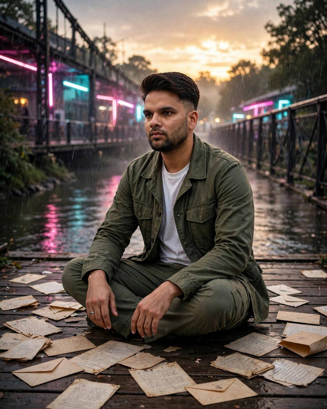 A young man in an olive field jacket sitting cross-legged among old letters on a neon-lit bridge over a river