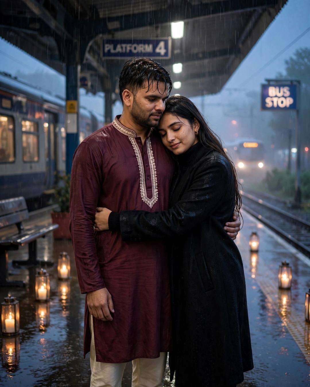 Young Indian couple embracing on a candle-lit rainy railway platform — maroon kurta, black coat, train waiting