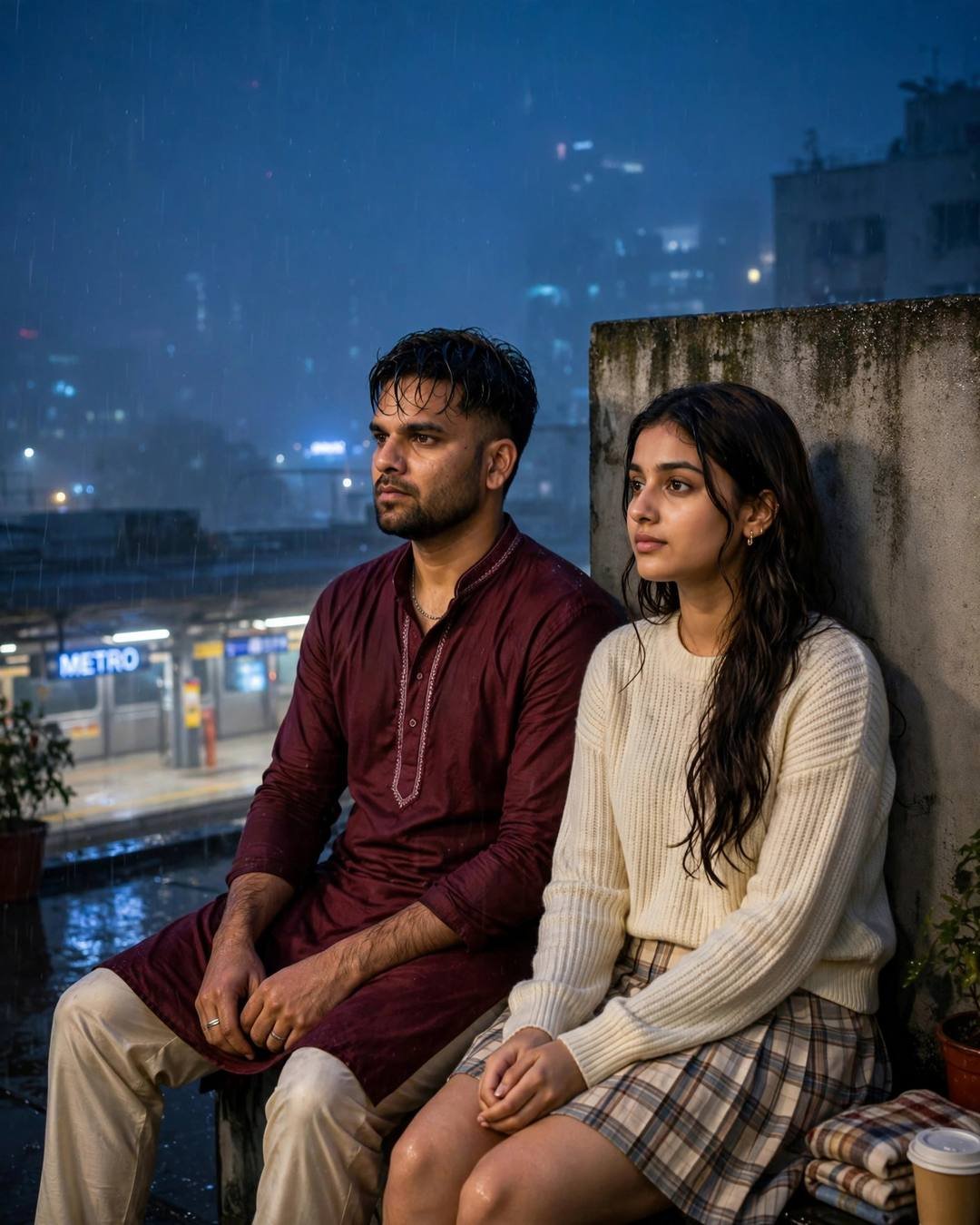 Young Indian couple sitting side by side on a rainy rooftop above a metro — maroon kurta, cream knit top, blue-hour glow