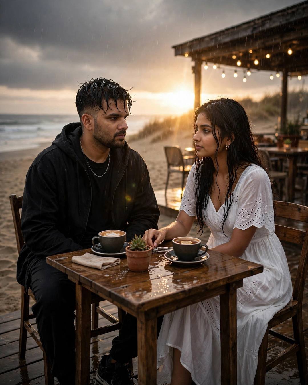 Young Indian couple across a cafe table on a rainy beach at dusk — black streetwear, white dress, two coffees between them