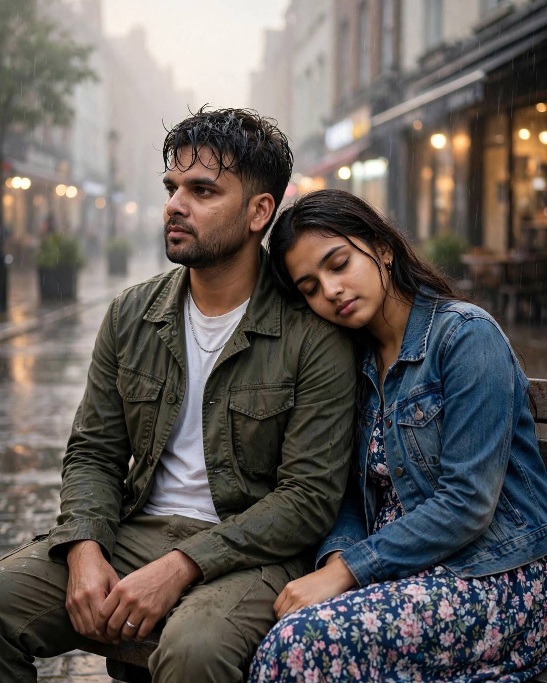 Young Indian couple on a rainy street bench — woman in denim jacket leaning on man's shoulder, olive field jacket