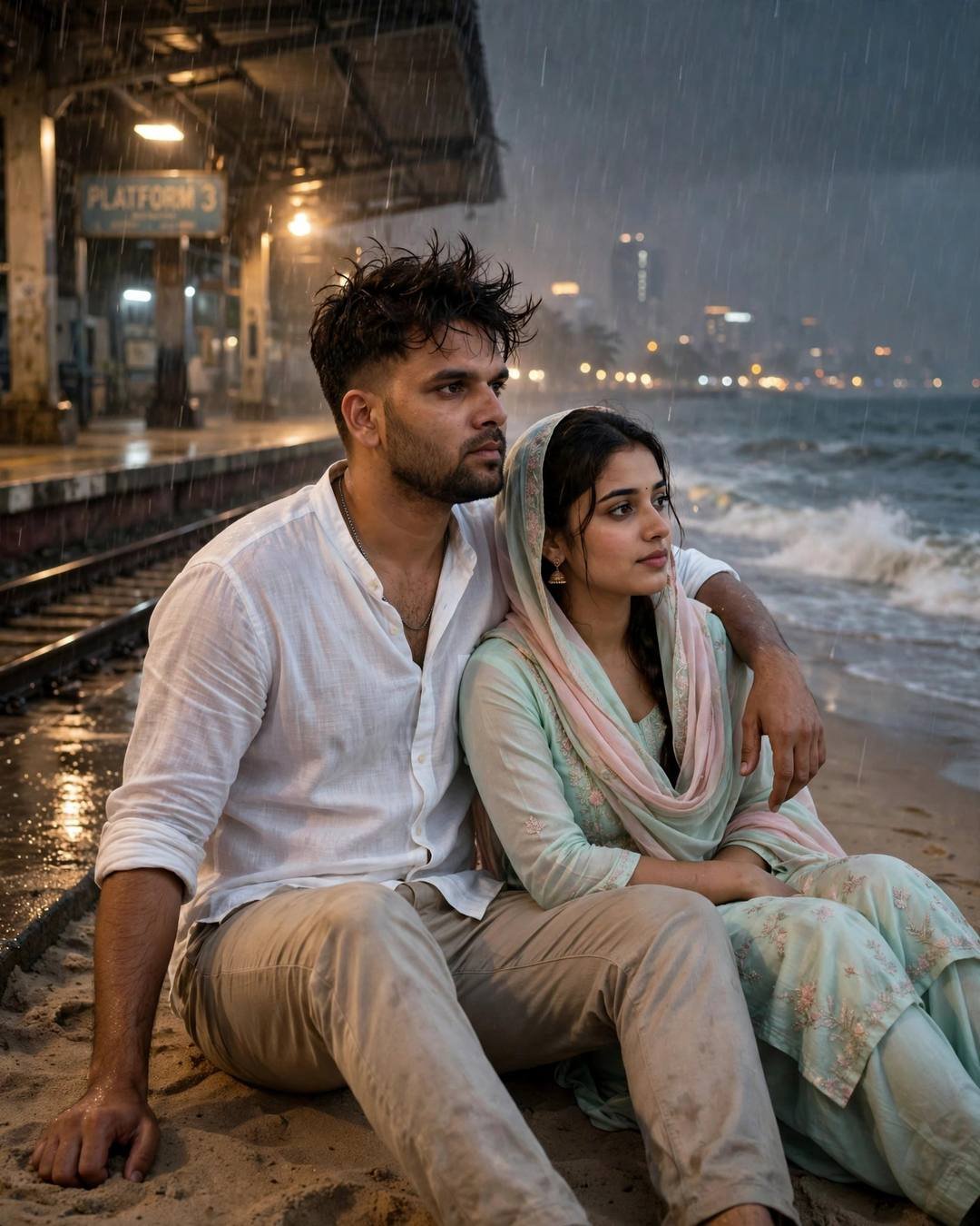 Young couple sitting on sand beside a glowing railway platform at night watching the sea in the rain