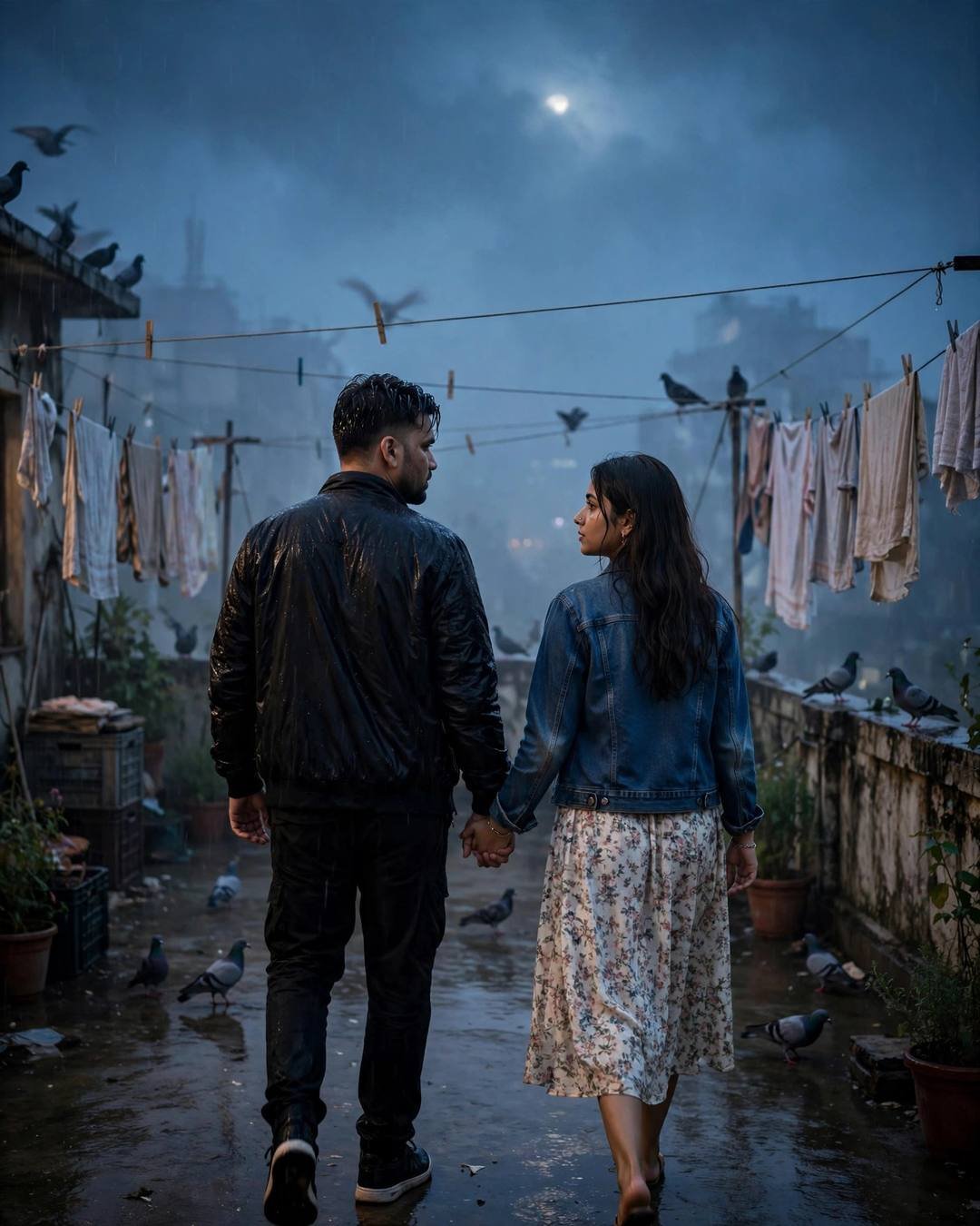 Young couple walking hand in hand across a moonlit rooftop terrace with clothes lines and pigeons in fog