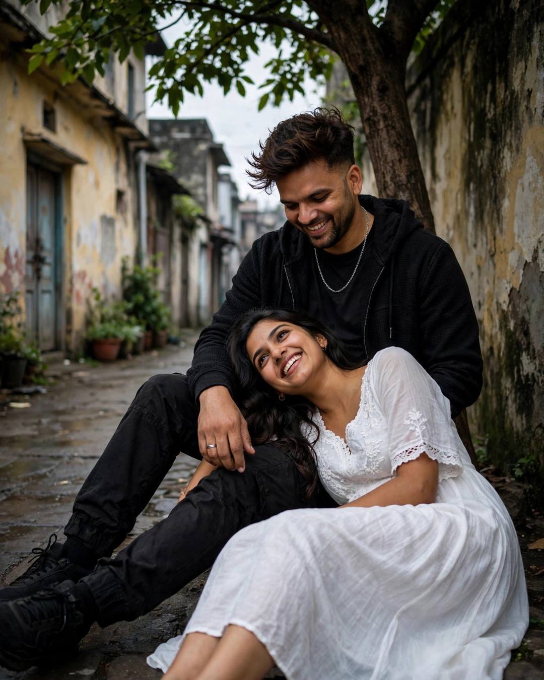 Young couple laughing together on stone steps in an old-city lane, her head resting in his lap