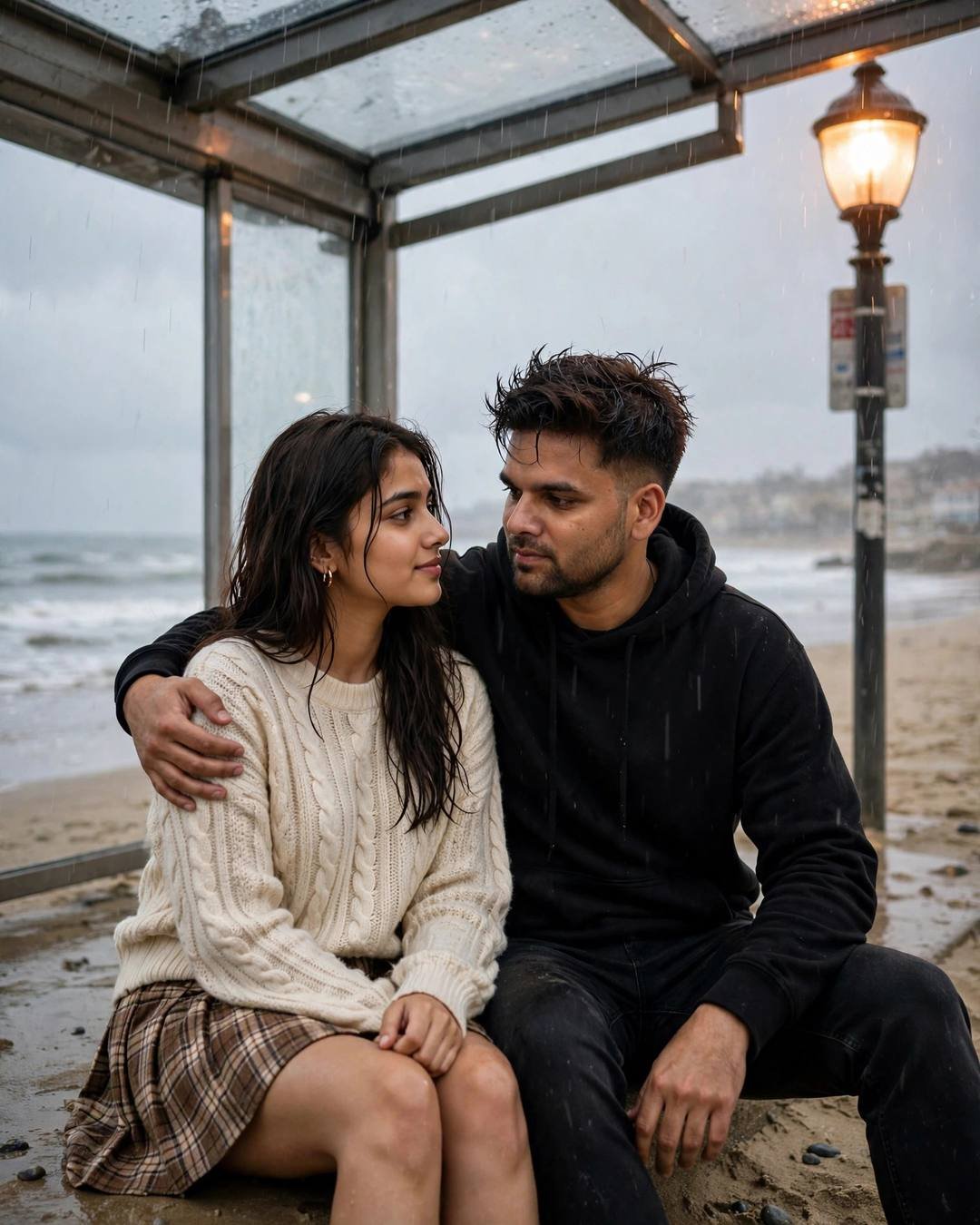 Young couple sitting close on a rainy beach under a shelter, his arm around her, looking into each other's eyes