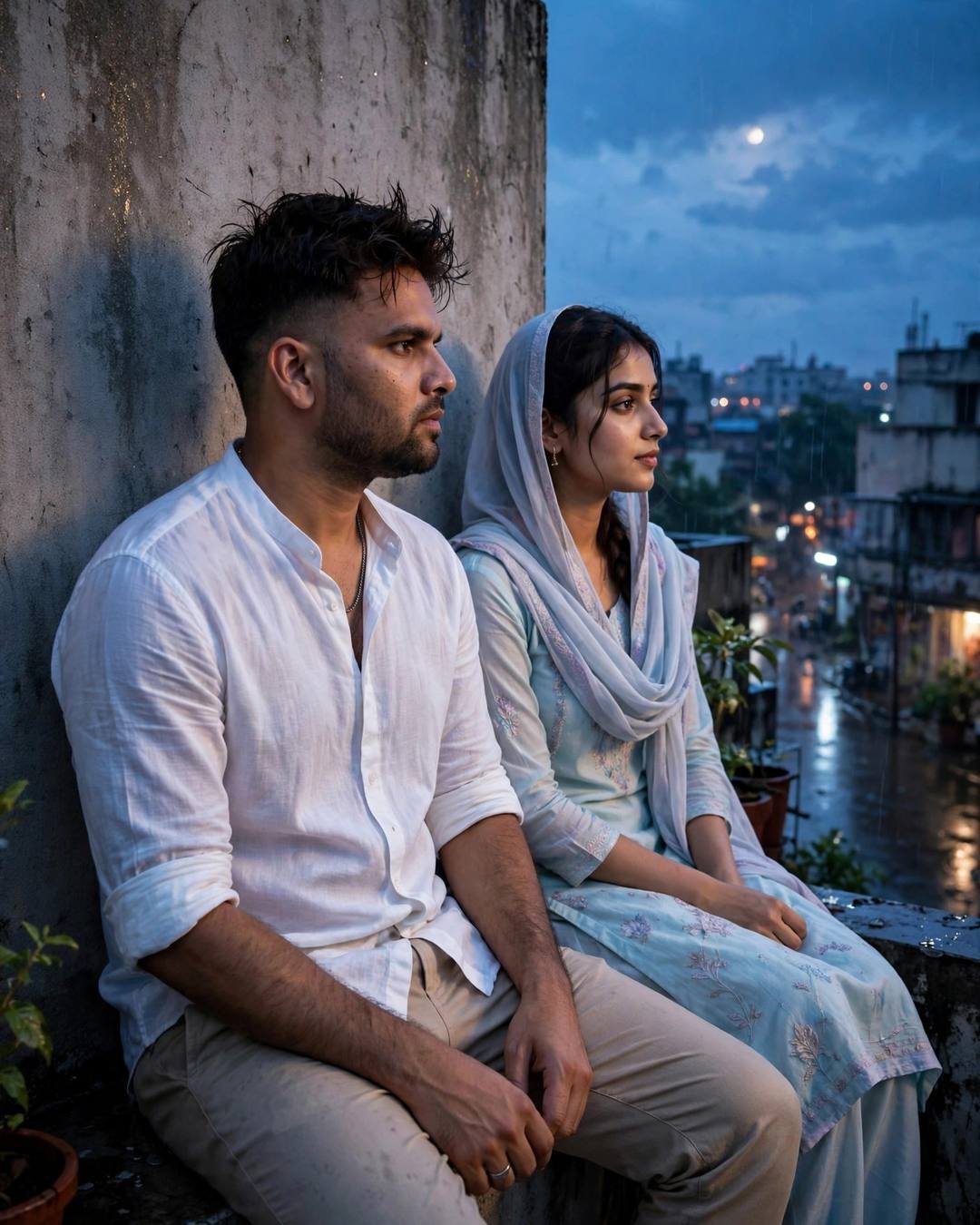 Young couple sitting on a rooftop wall at blue hour looking into each other's eyes, moon above and city lights below