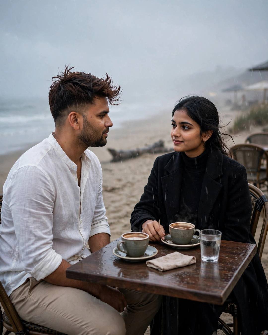 Young couple sitting across a small cafe table on a beach at dusk with steaming kulhads, looking into each other's eyes