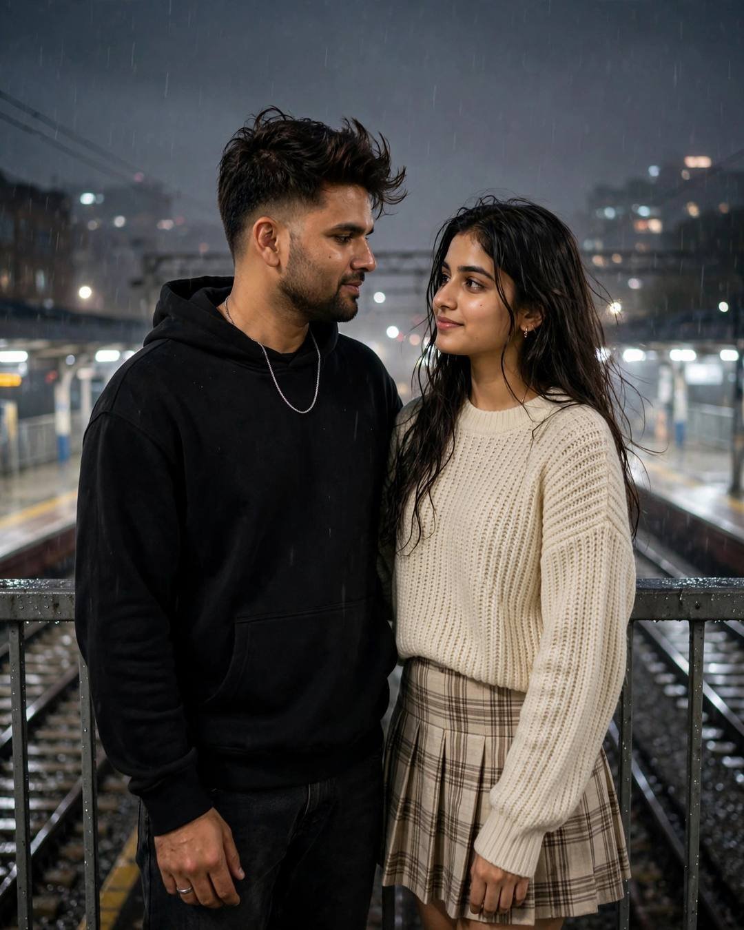 Young couple standing close and gazing at each other on a rainy railway platform at midnight