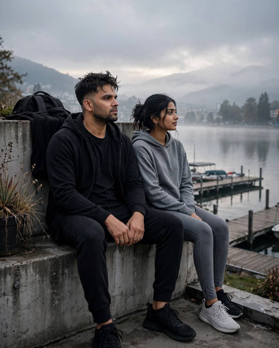Young couple sitting side by side on a wall overlooking a misty lake at dawn in shared silence
