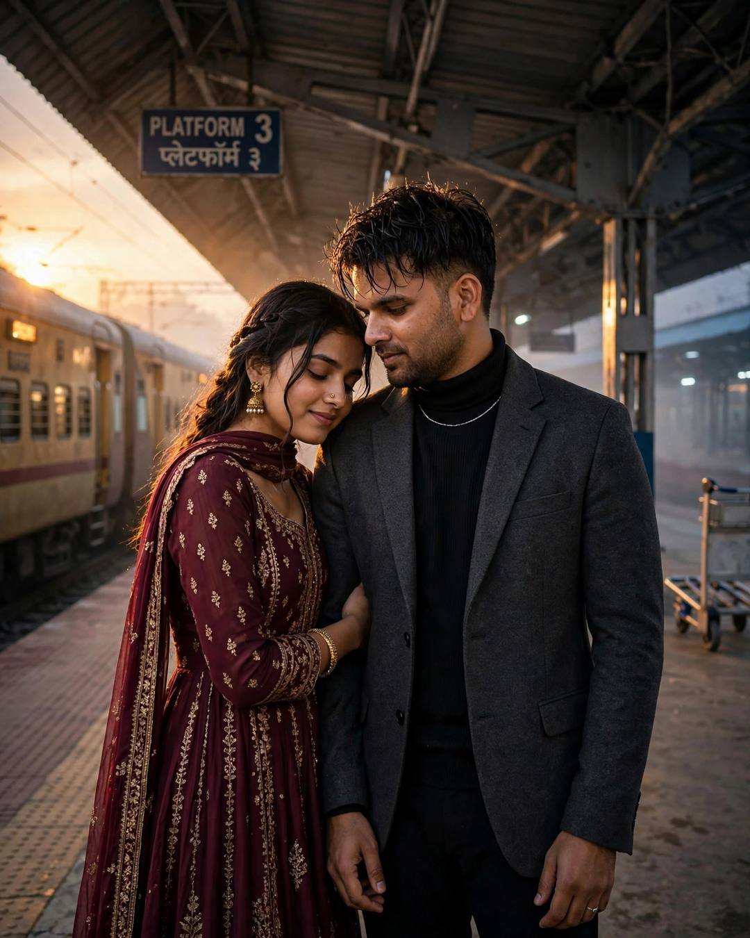 Young couple standing close on a railway platform at golden hour, her head resting on his chest with a train behind