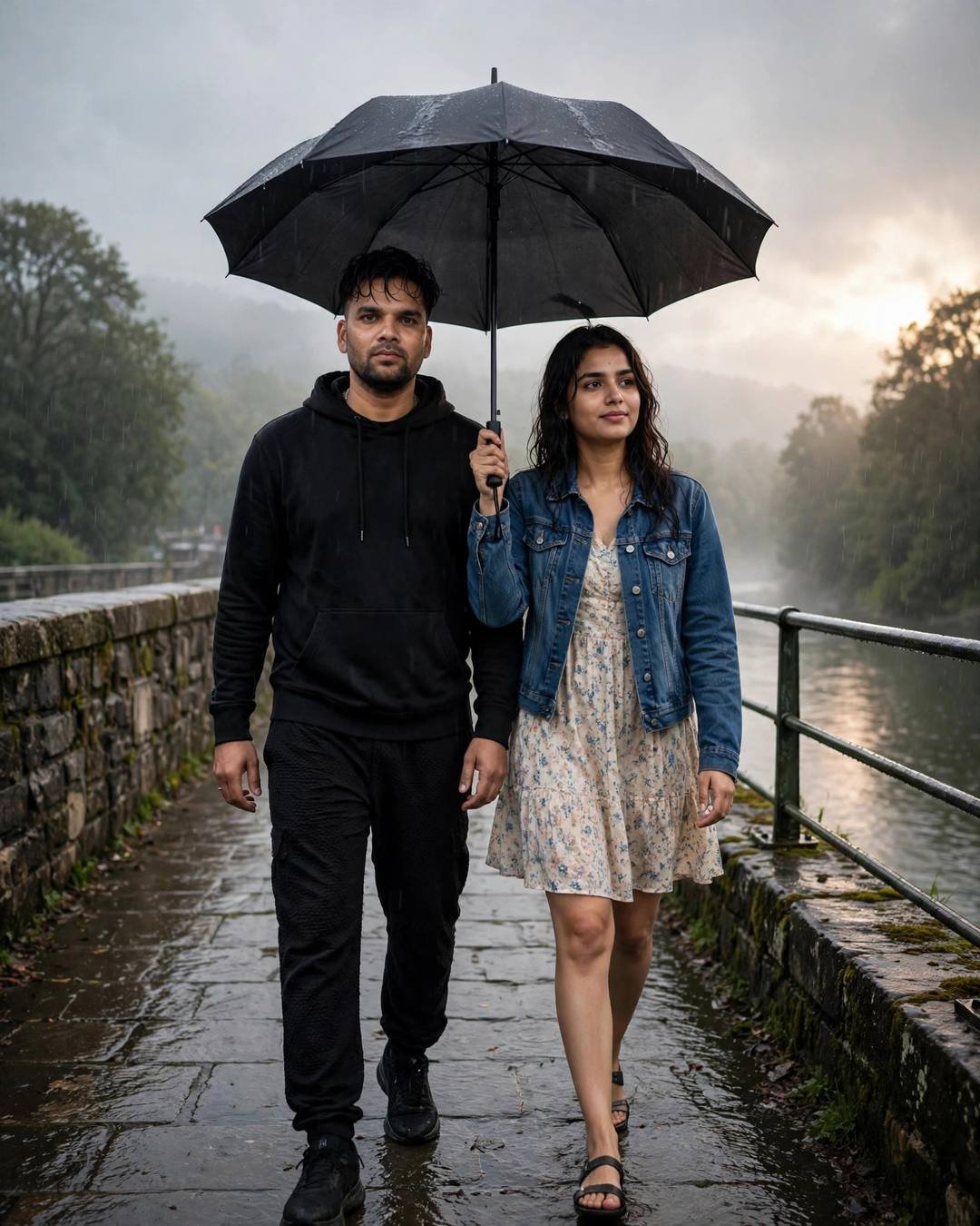 Young couple walking side by side under one umbrella on a bridge over a slow river on an overcast afternoon
