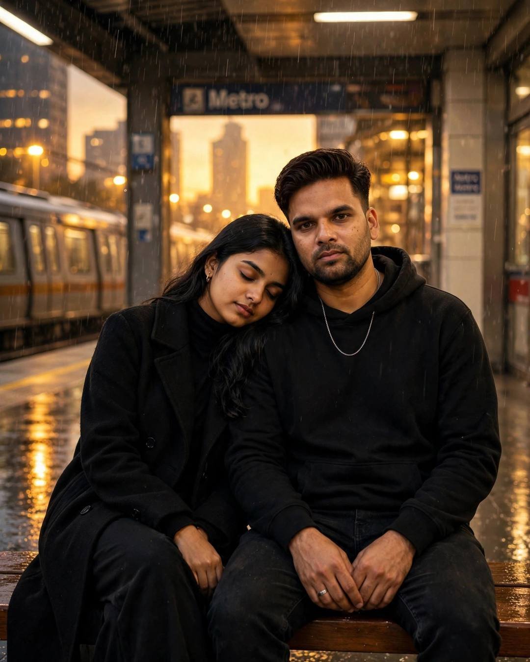 Young couple sitting on a metro station bench with her head resting on his shoulder in golden evening rain
