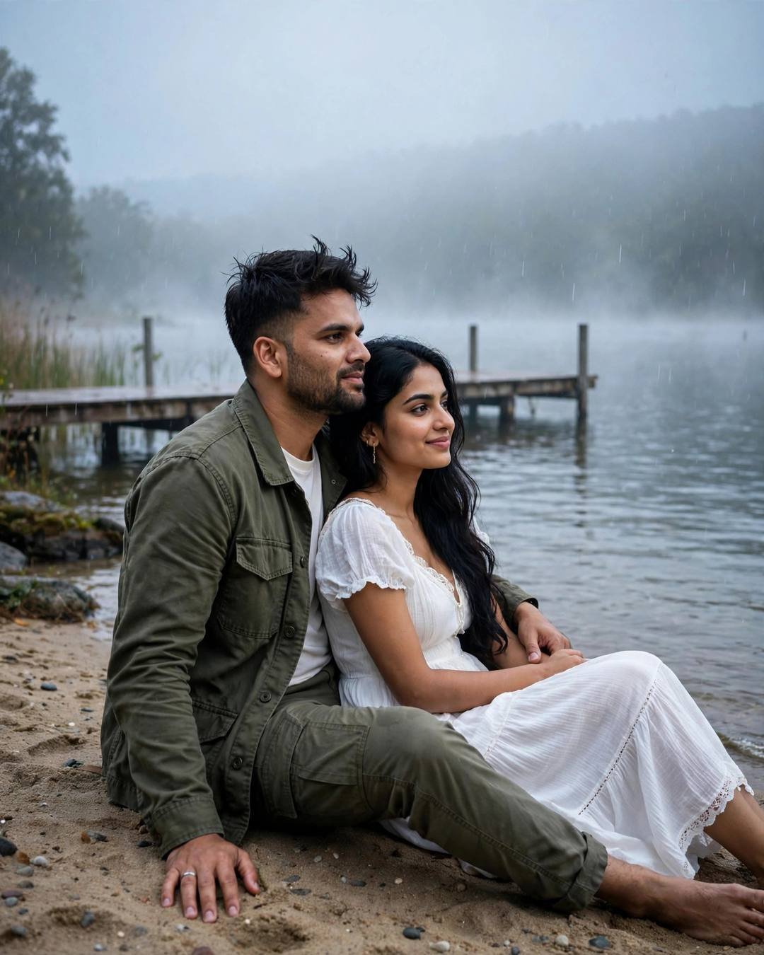 A couple sitting on the sand by a misty lake at dawn, him in an olive field jacket with his arm around her in a white dress