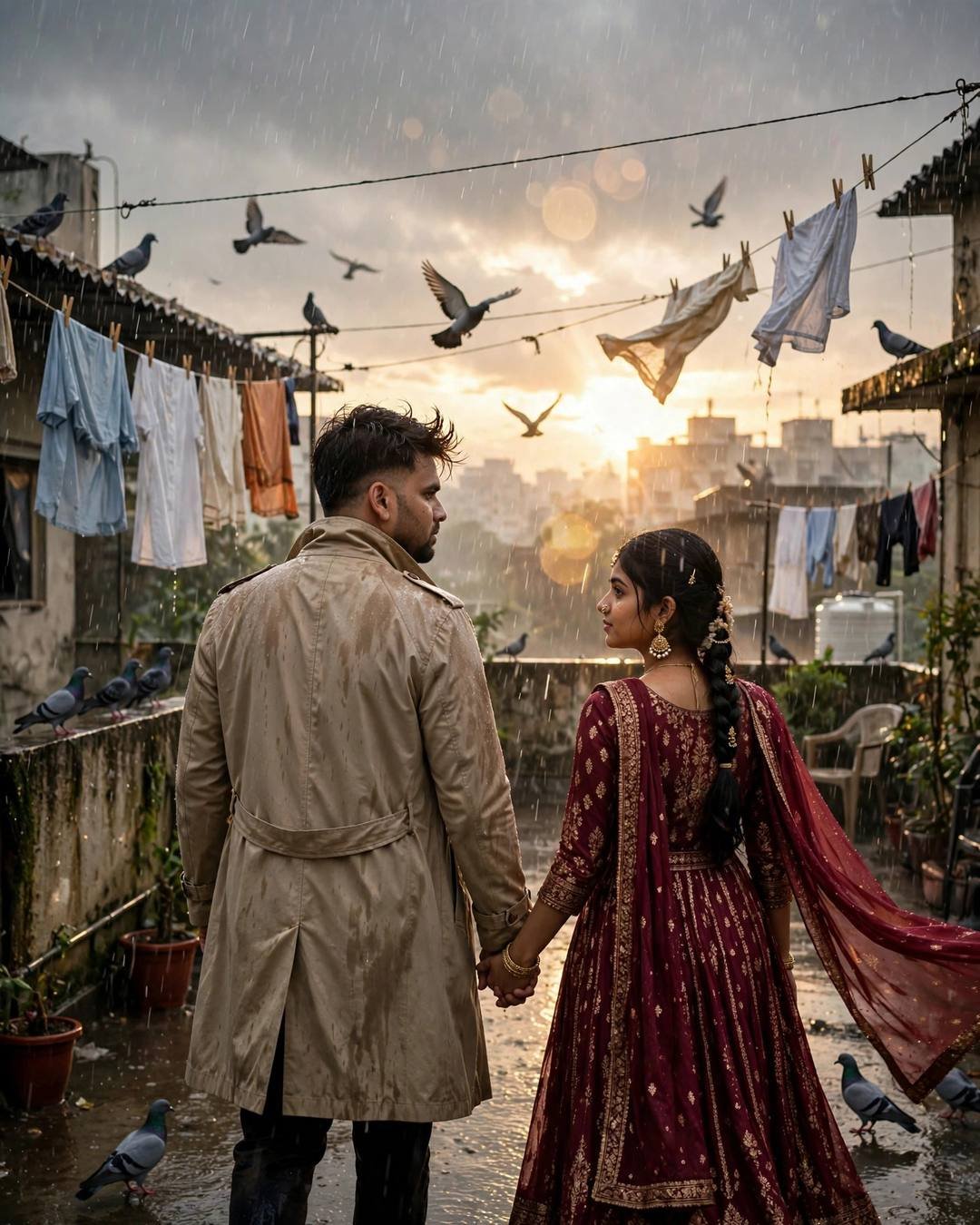 A couple walking hand in hand on a rainy rooftop terrace with clothes lines and pigeons, him in a beige trench coat and her in a maroon anarkali