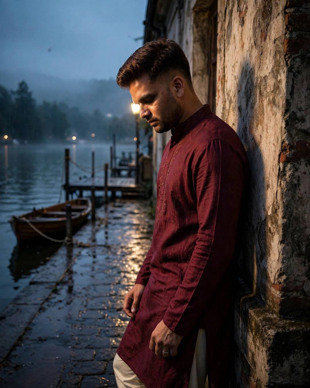 Young Indian man in maroon kurta leaning against a weathered wall by a fog-filled lake pier, lamplight reflecting on wet cobblestones