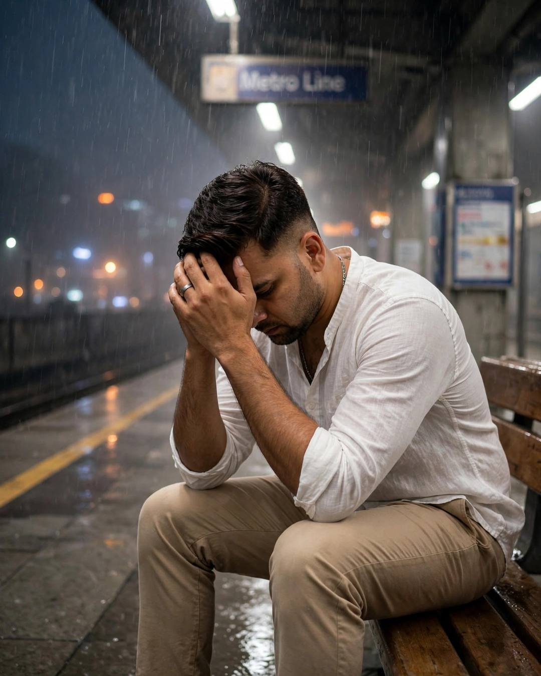 Young Indian man in white linen shirt sitting with head in hands on a rainy midnight metro station bench