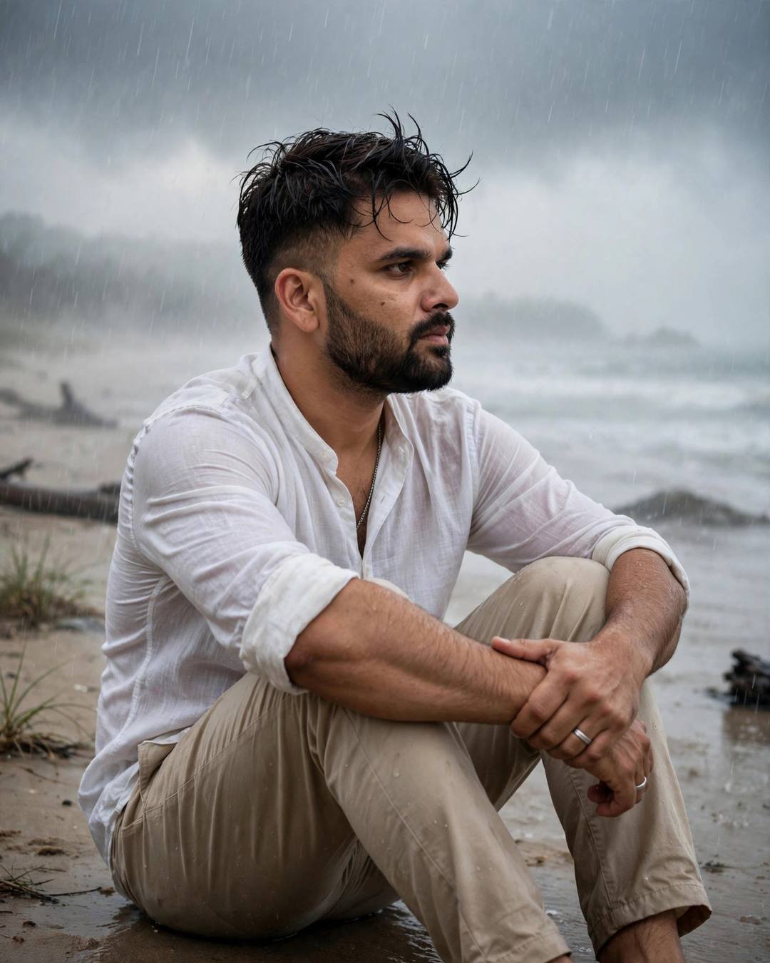 Young Indian man with rain-wet hair sitting on a deserted beach in heavy monsoon rain, white linen shirt, arms around knees