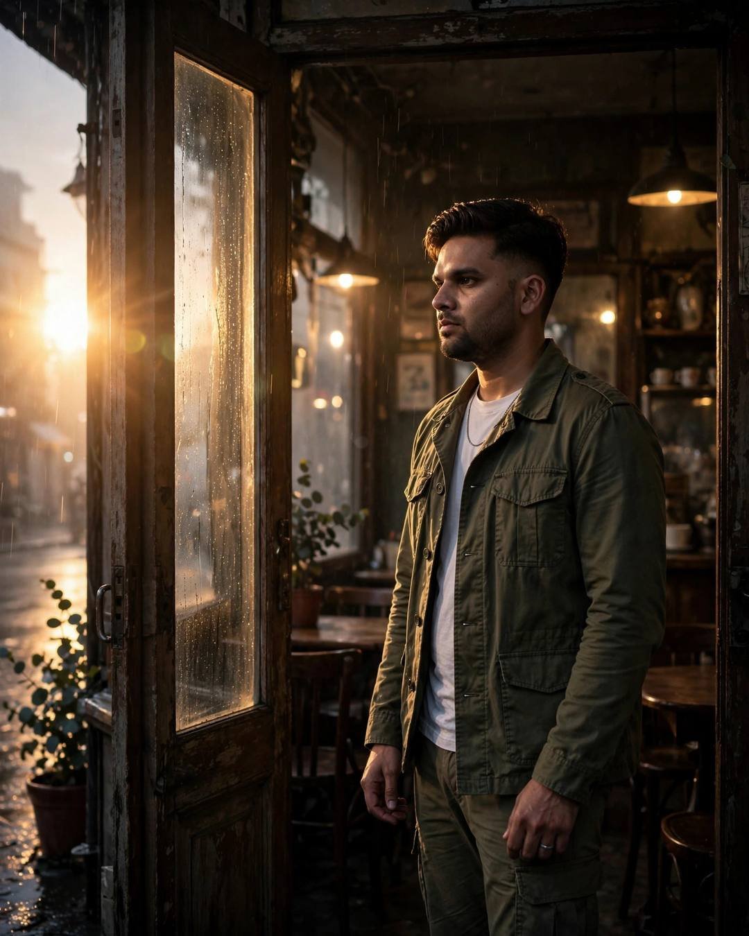 Young Indian man in olive field jacket standing in an old cafe doorway, raindrops on his hair, golden-hour light flaring through rain