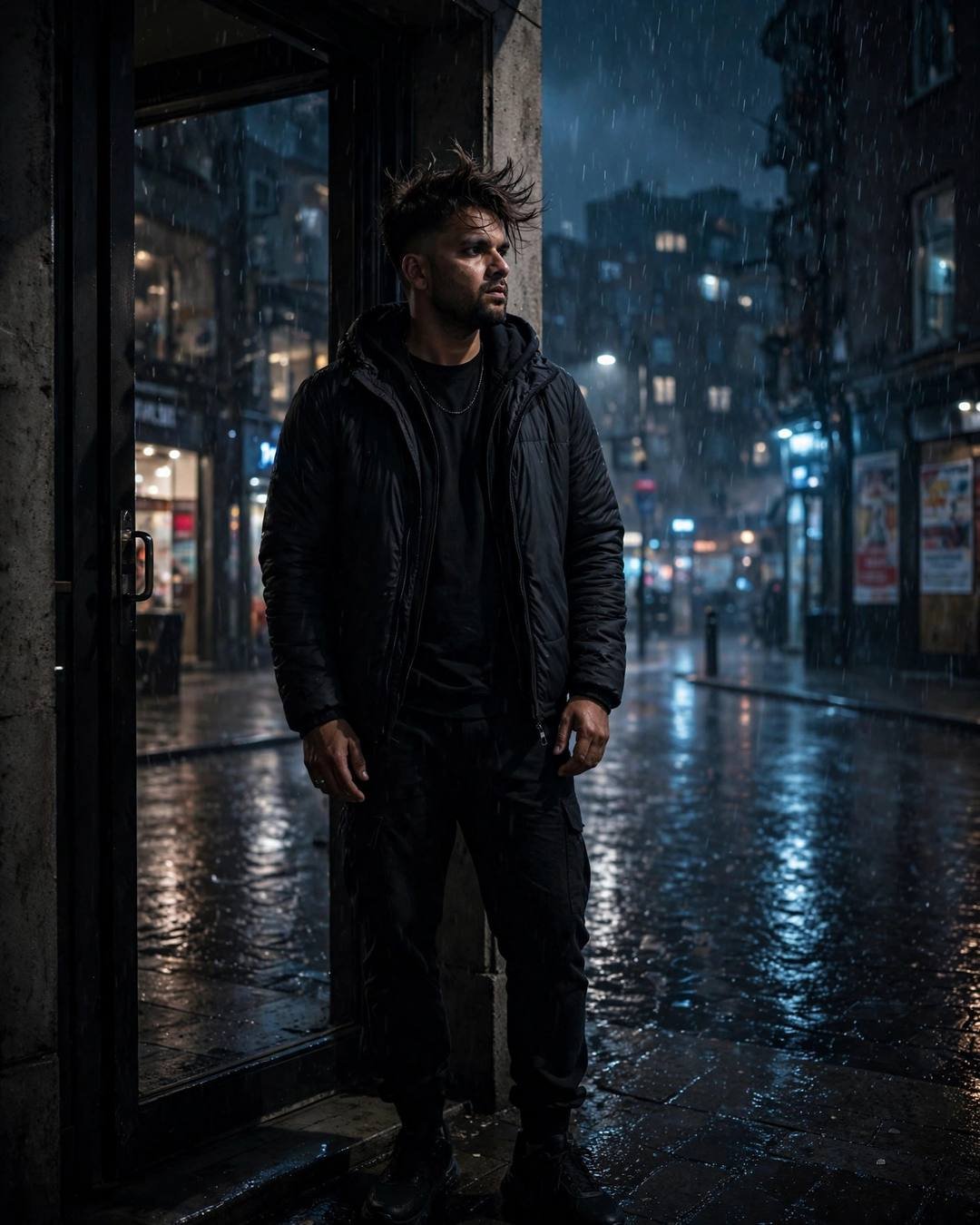 Young Indian man in all-black streetwear standing in a doorway on a rain-soaked neon street at midnight, wind in his hair
