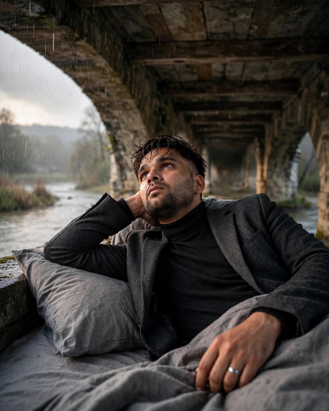 A young man in a charcoal blazer and black turtleneck lying under a stone bridge by a river in the drizzle, staring at the sky