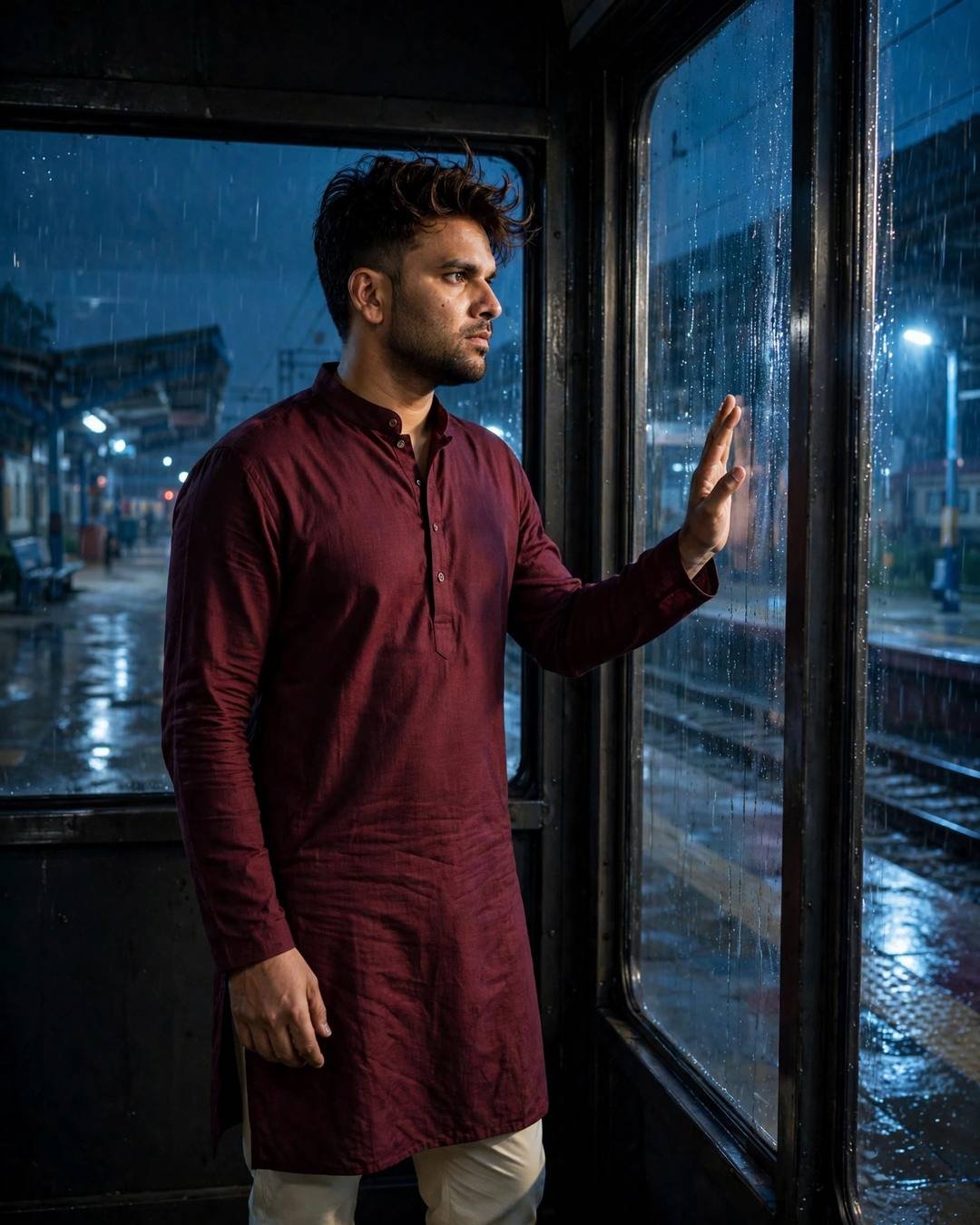 A young man in a maroon kurta standing at a rain-streaked window of an empty night railway platform, hand on the glass