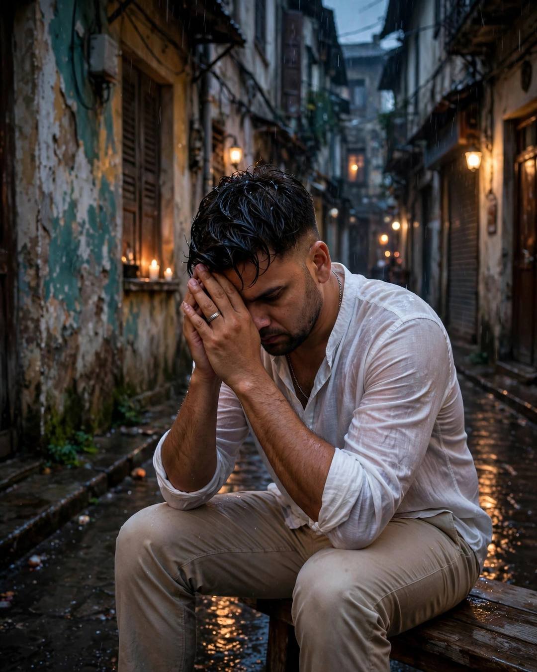 A young man in a white linen shirt sitting on a bench in a rainy old-city lane, head bowed into his hands beside candlelight