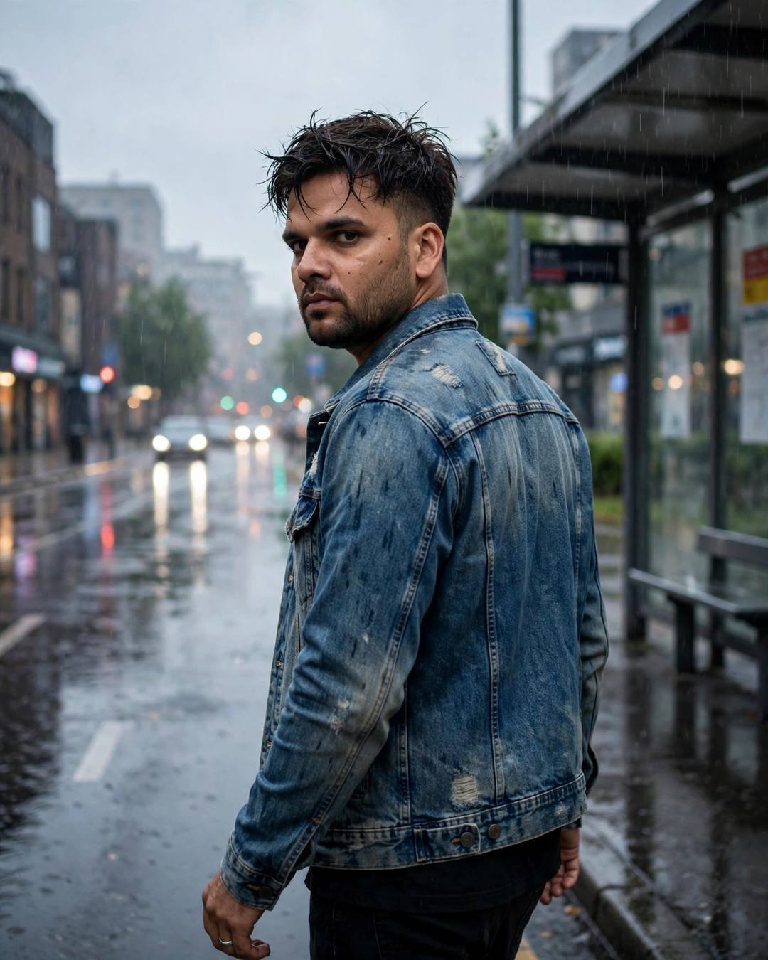 A young man in a distressed denim jacket walking away at a rainy bus stop, glancing back over his shoulder
