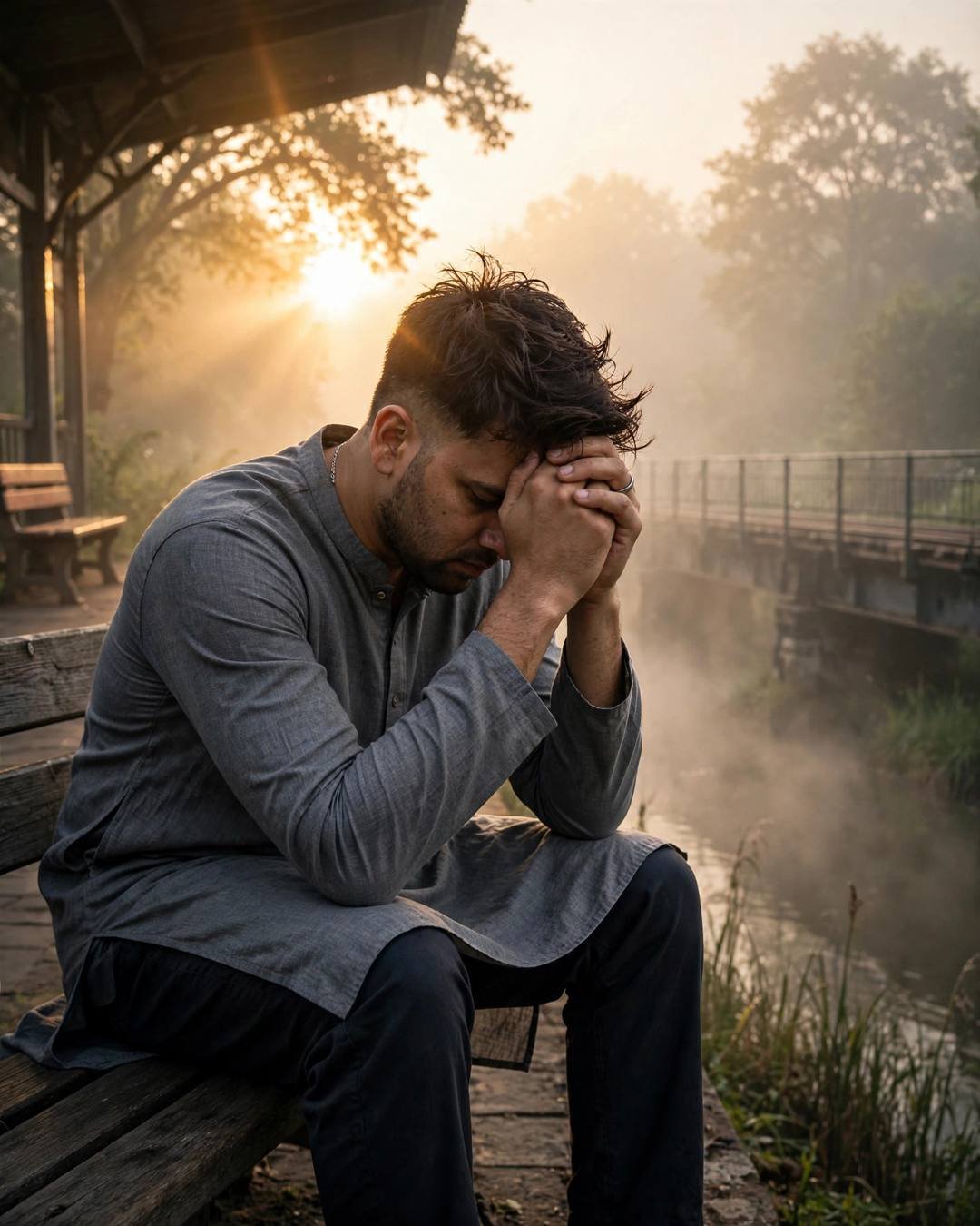 A young man in a grey kurta sitting on a bench by a foggy river at dawn, head bowed into his hands as golden light breaks through