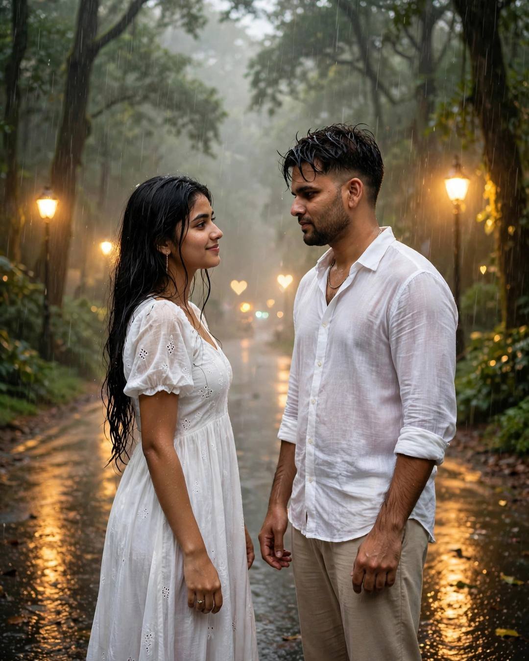 A couple slow dancing on a rainy forest path under streetlights, him in a white linen shirt and her in a flowing white dress