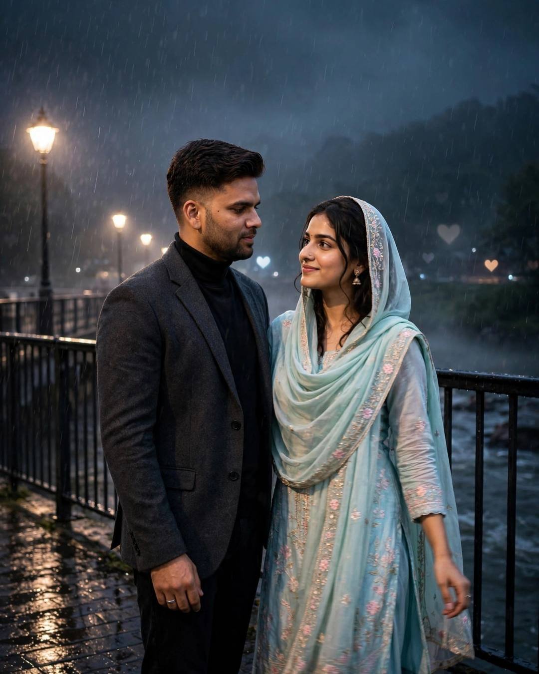 A couple embracing on a rainy midnight bridge, him in a charcoal blazer and her in a pastel salwar-kameez