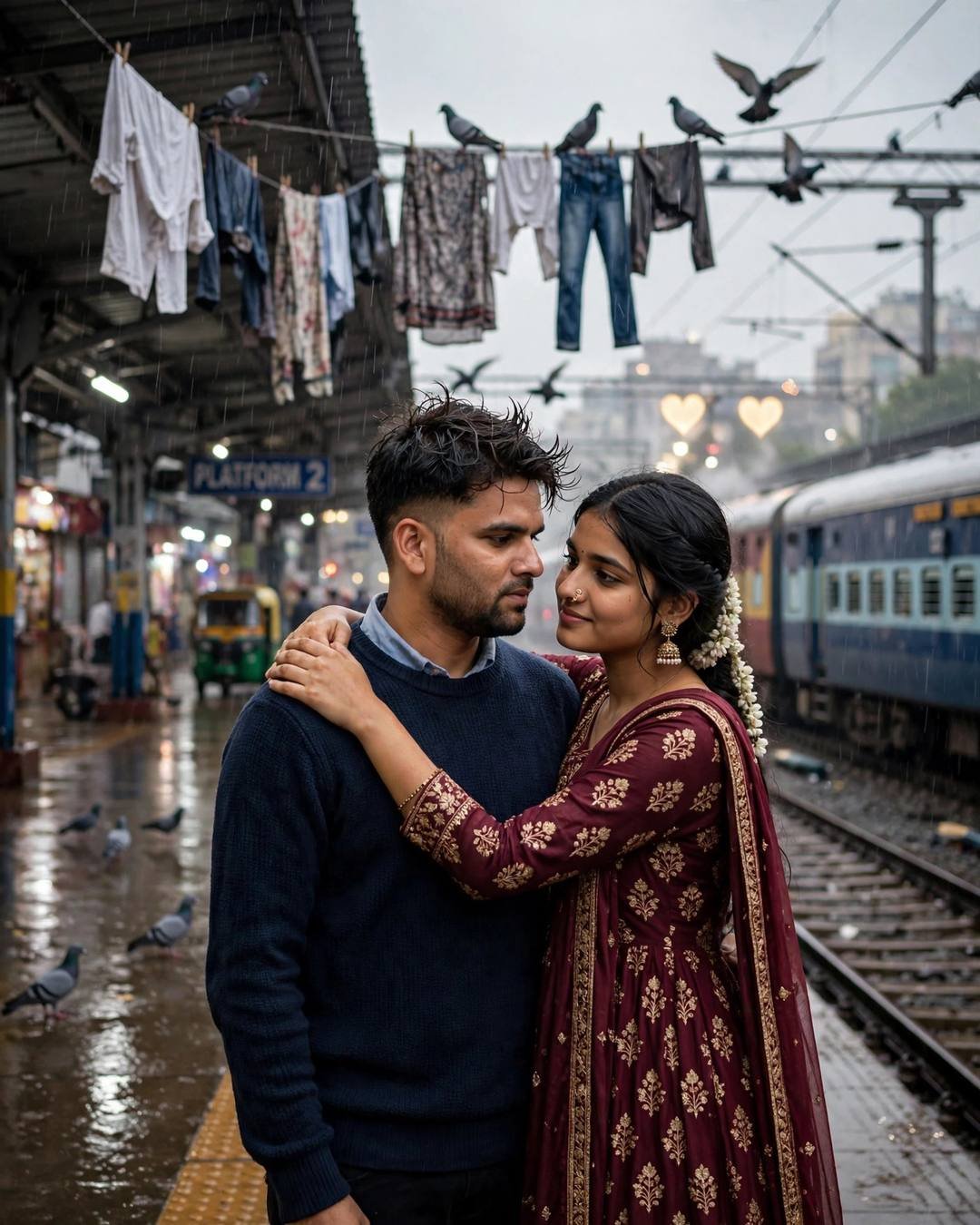 A couple sharing one last hug on a rainy railway platform terrace with clothes lines and pigeons, him in a navy sweater and her in a maroon anarkali
