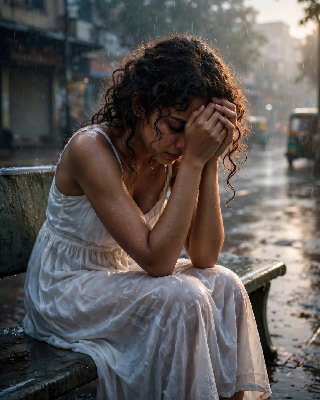 A young Indian woman in a flowing white dress sitting on a bench in a rain-soaked street at dawn, head in her hands