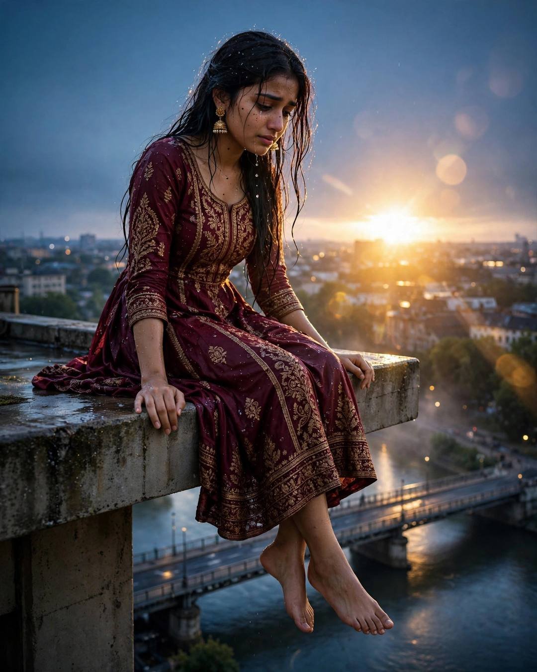 A young Indian woman in a maroon anarkali sitting on a rooftop ledge at golden hour, legs dangling over a bridge and river