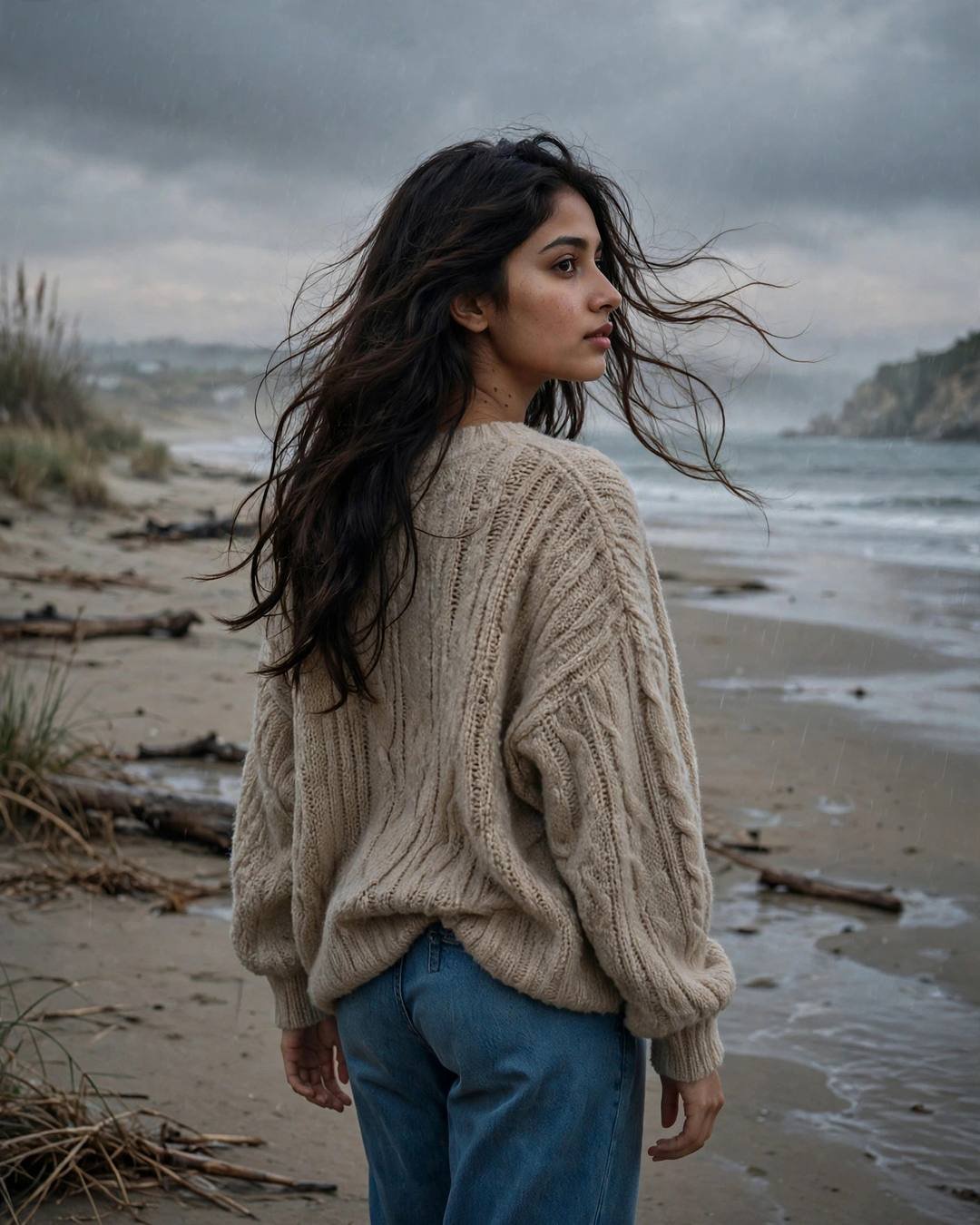 A young Indian woman in an oversized beige sweater and jeans standing on a deserted beach at dusk, looking over her shoulder, hair in the wind
