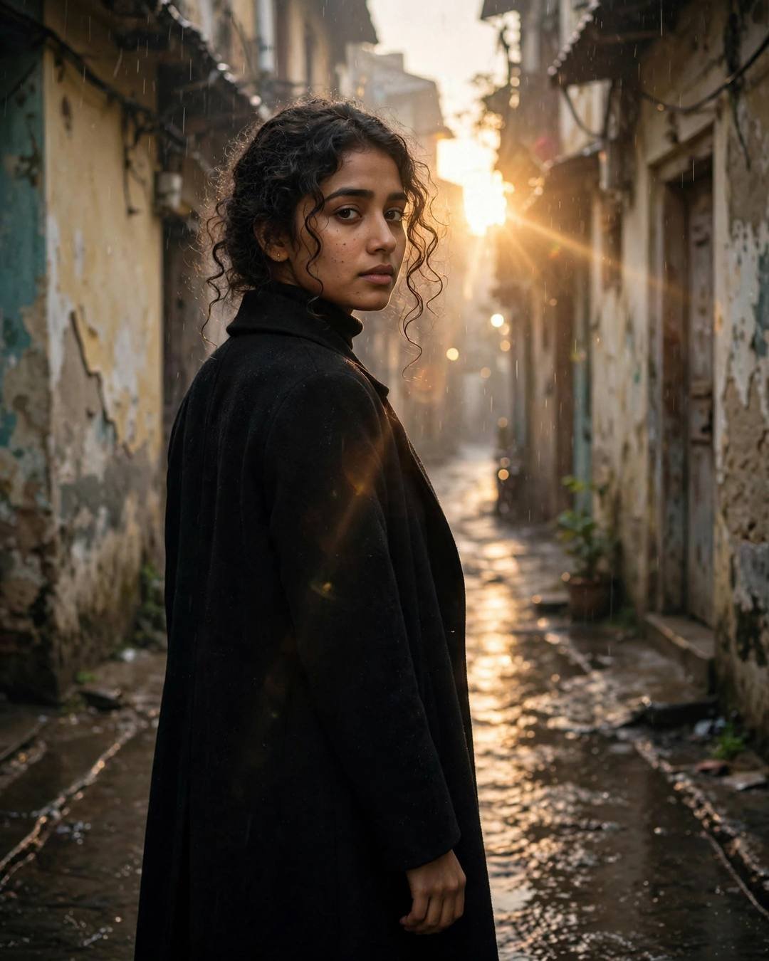 A young Indian woman in a black turtleneck and long coat with soft curls looking over her shoulder in a narrow old-city lane at dawn, golden flare behind