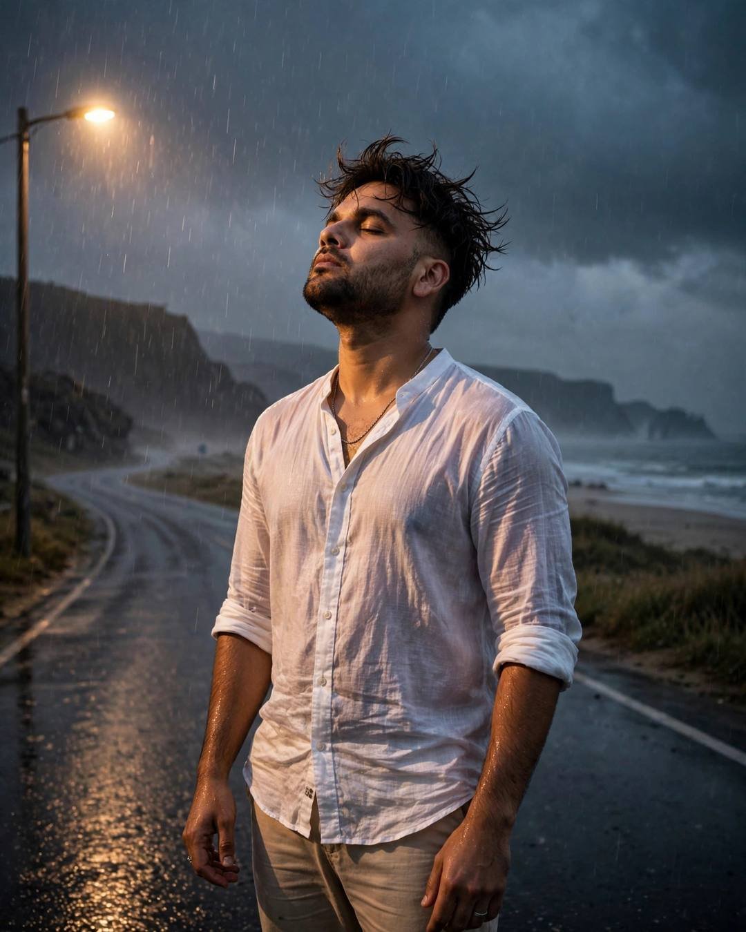 Young Indian man in white linen shirt standing on a rainy coastal road, face lifted to the rain, streetlamp glowing